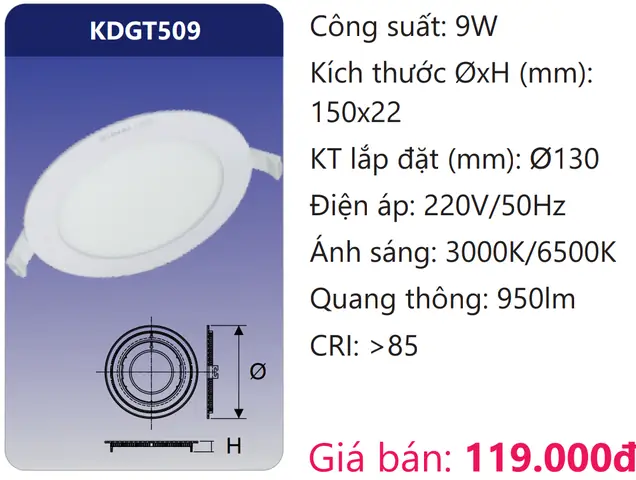 Đèn Led Âm Trần 9w Duhal